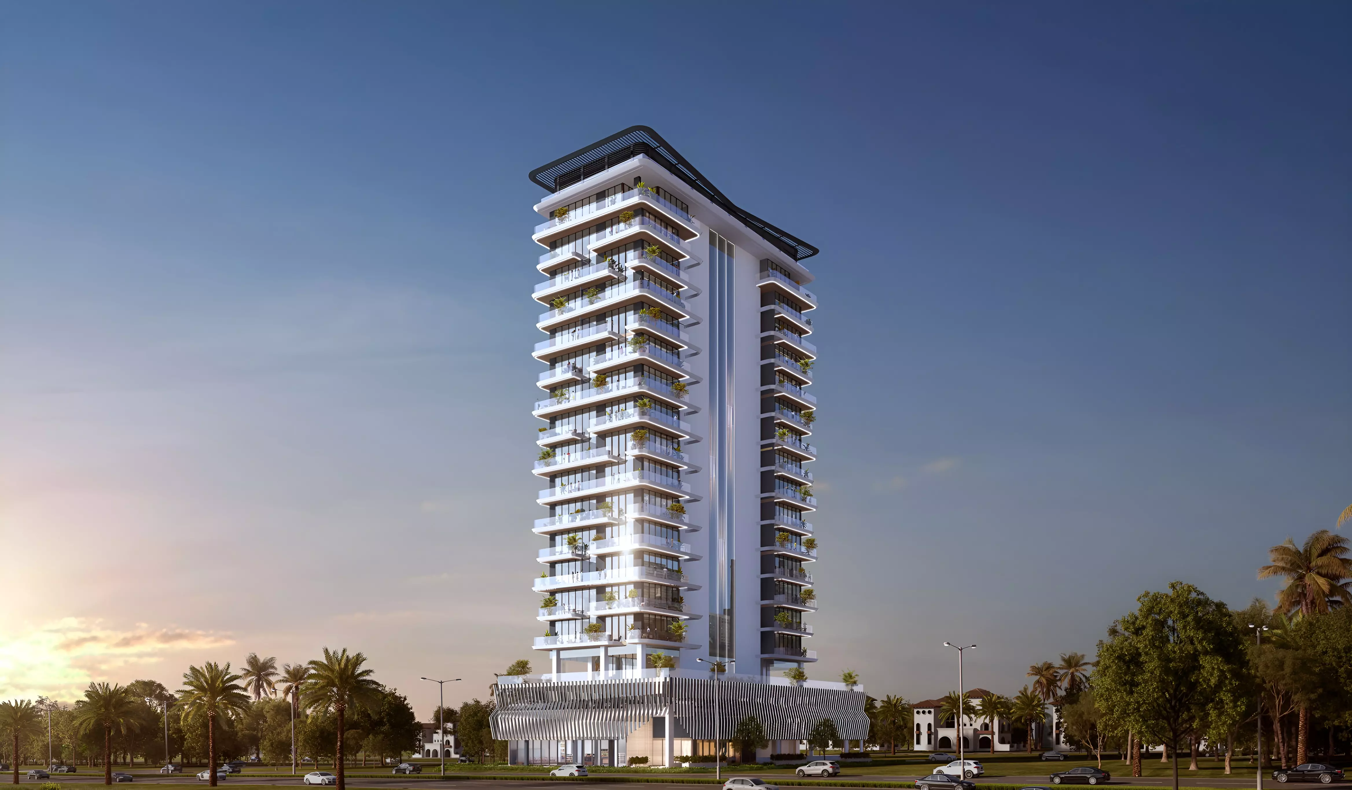 The Repose Residence features a tall building with a prominent tower at its forefront.