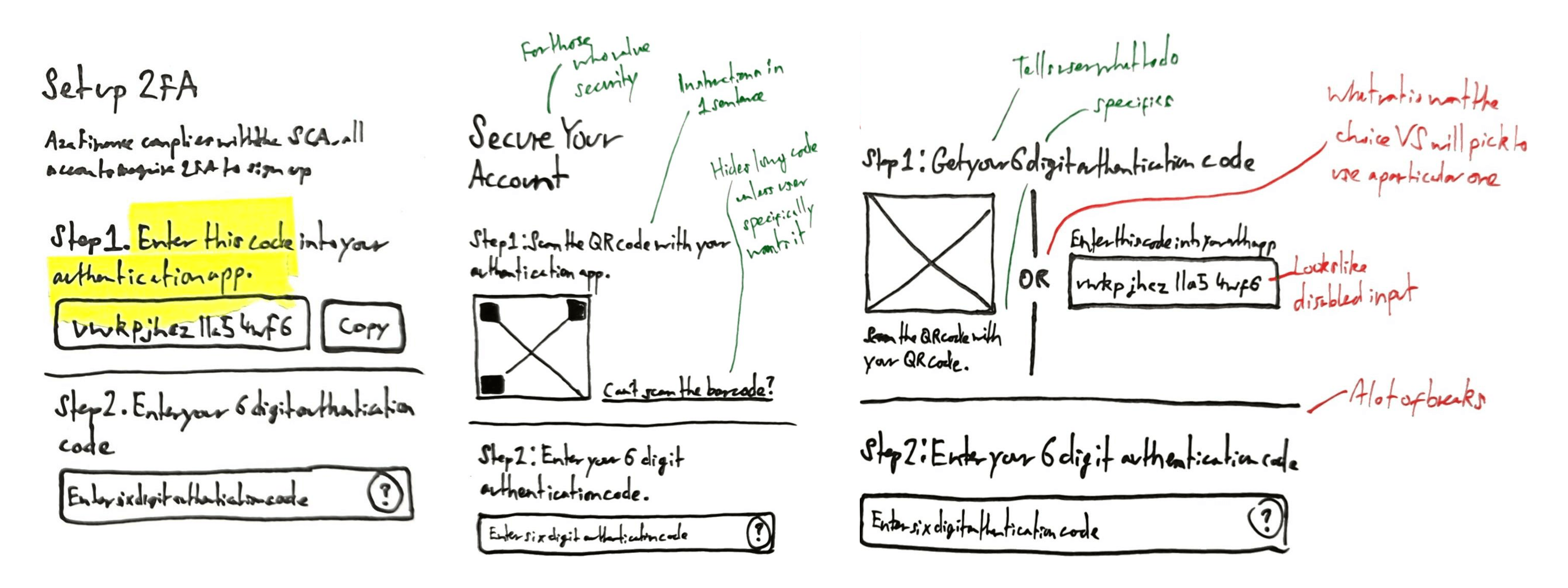 Sketches of how people could set up 2-factor authentication on an authentication app.