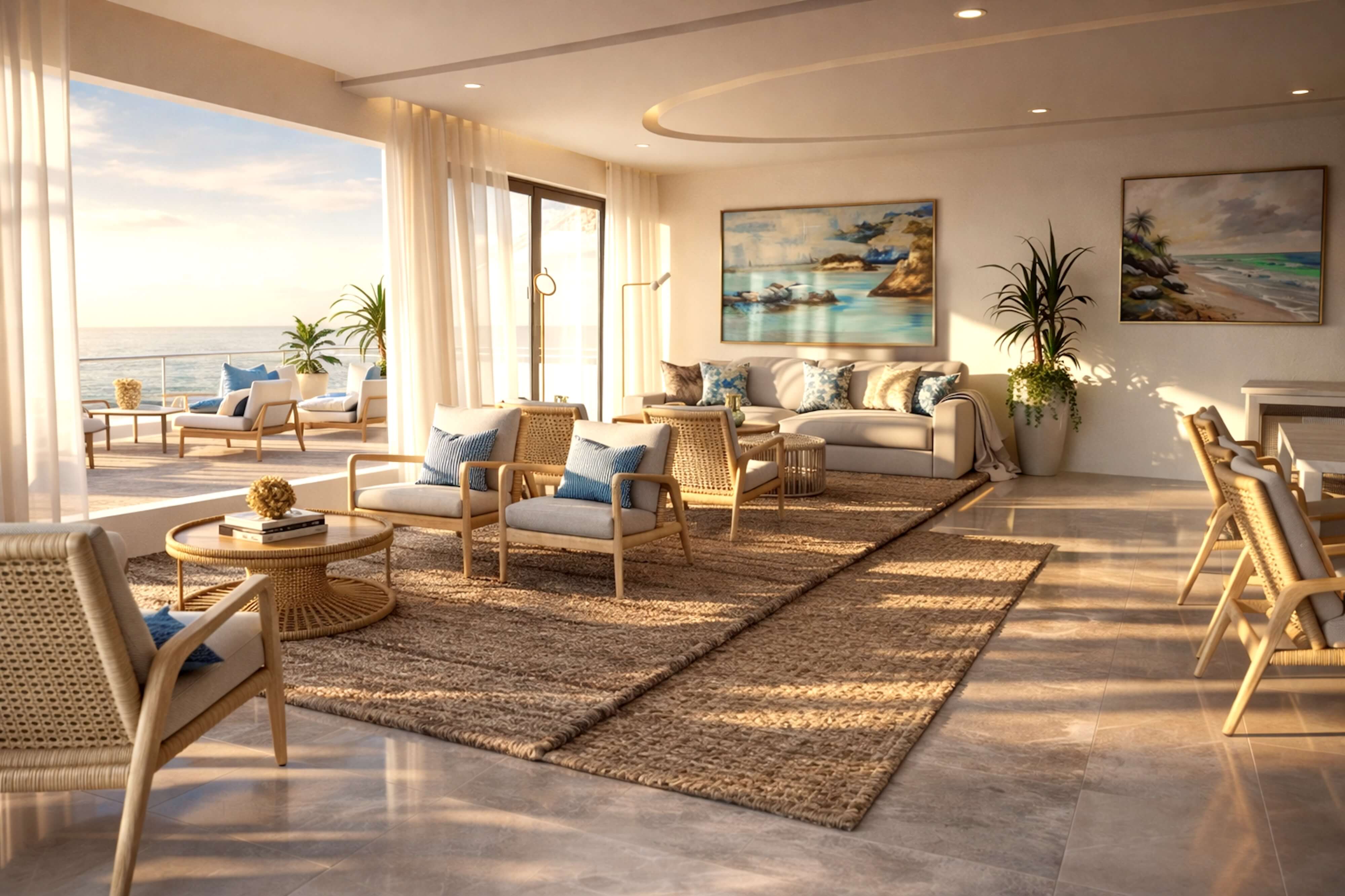 Scandinavian lounge design featuring natural wood furniture pieces, woven lounge chairs, side tables, soft lighting, and a bright coastal small living room layout.