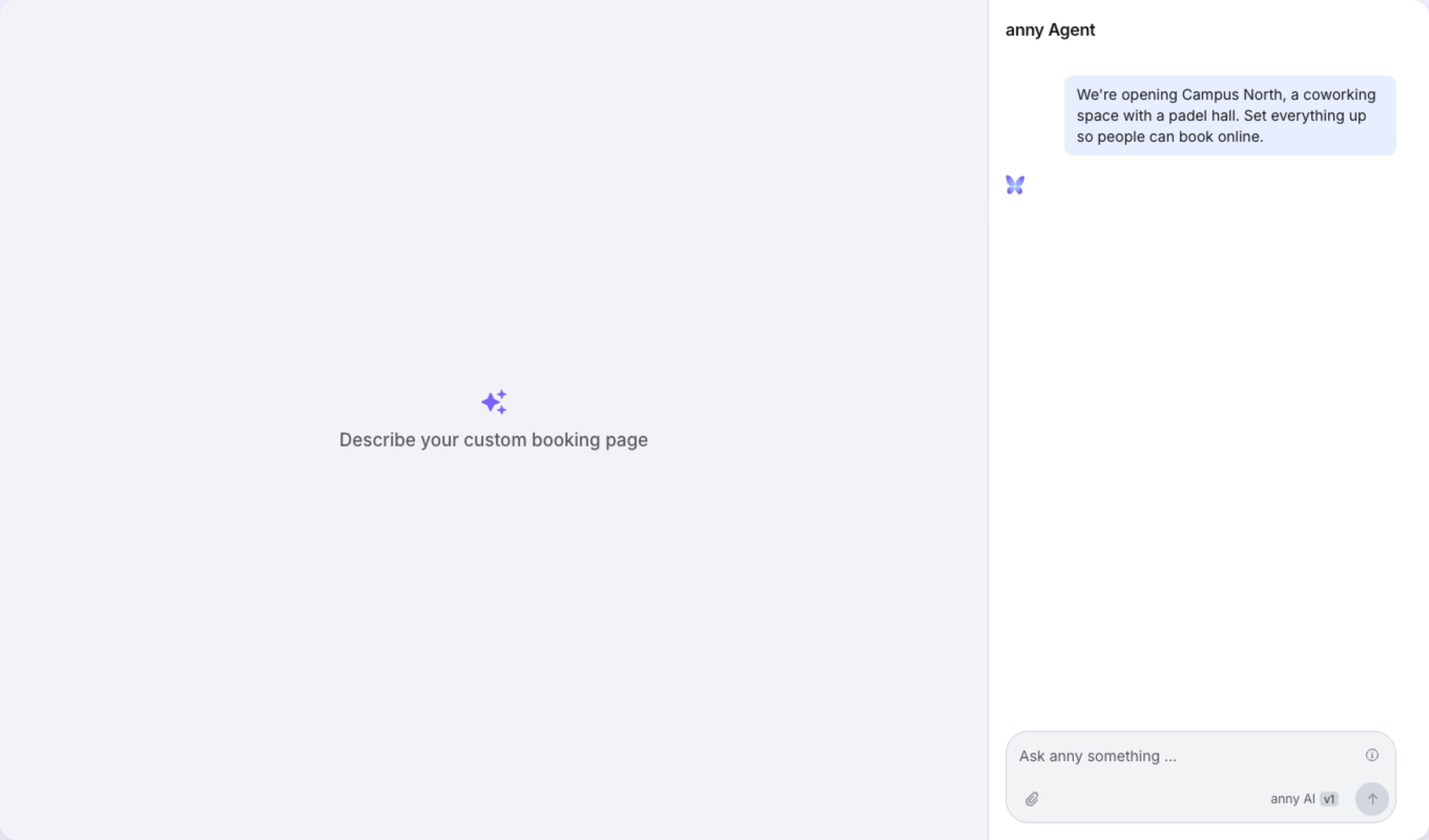 Chat with the anny Agent: the request for a Campus North booking page, the still empty page beside it