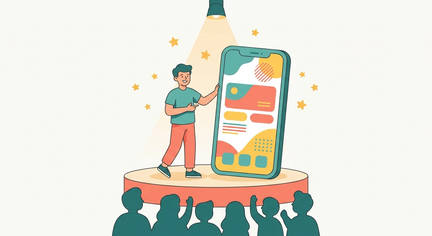 Illustration of a young app developer presenting an app on stage, inspired by kid developers who shipped real apps
