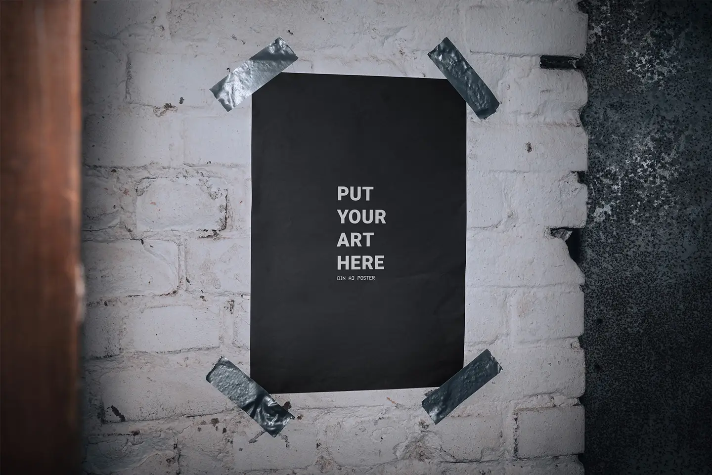 A3 poster mockup on a white brick wall with a "Put Your Art Here" placeholder text