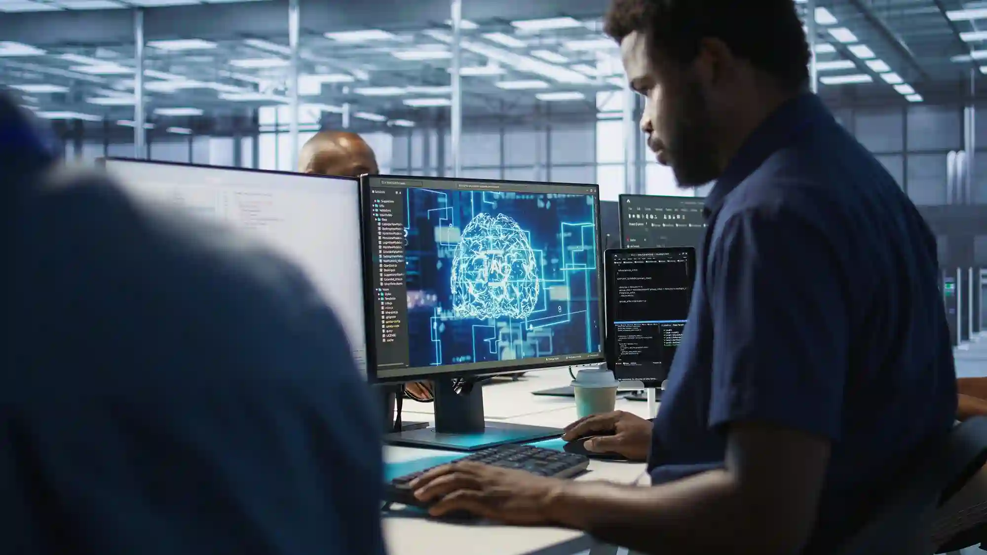 A digital producer works on complex audio software or AI music generation in a professional tech office.