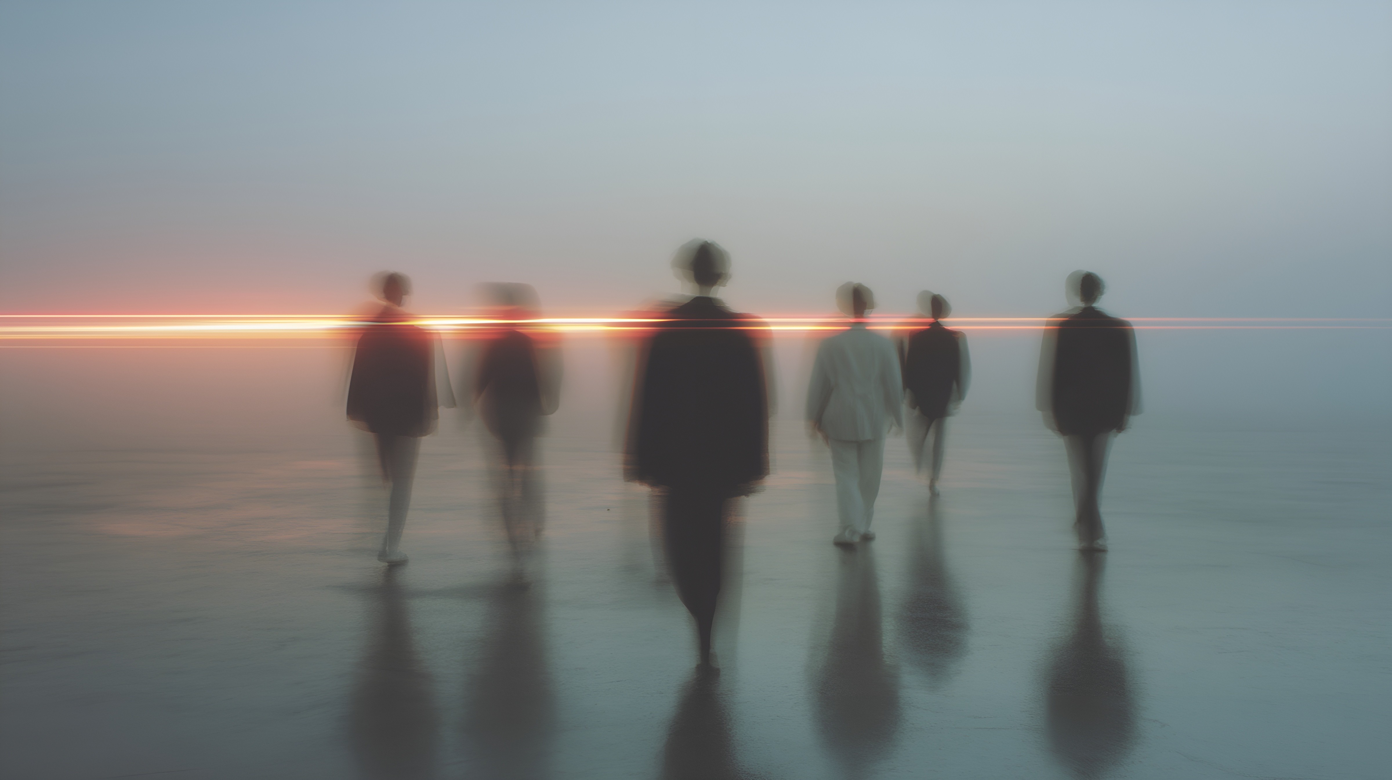 A surreal scene of blurred figures walking on a reflective surface, with a glowing horizontal light streak under a hazy sky.