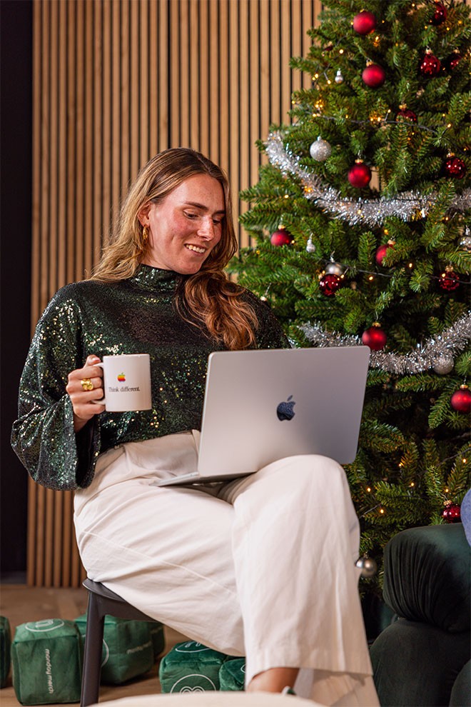 Monday Merch Office Employee with laptop and mug