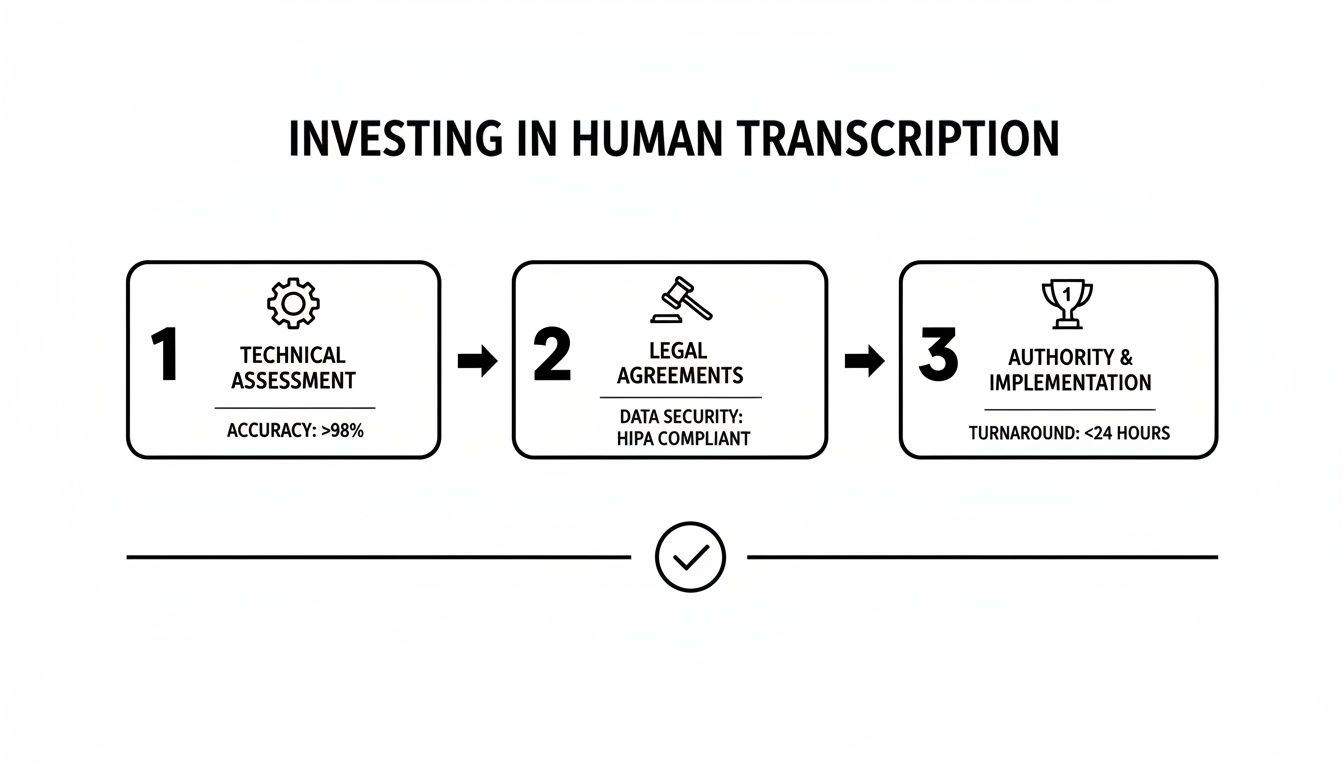 A three-step process for investing in human transcription, covering technical assessment, legal agreements, and implementation.