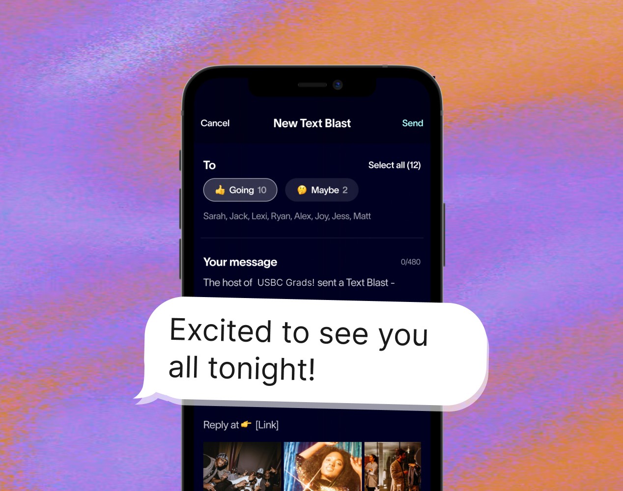 Interactive party invite feature showcasing customizable themes, effects, and presets for personalized event pages.