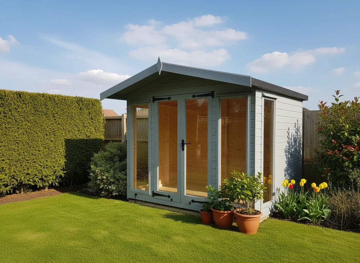 Sage-painted garden studio with full glazing