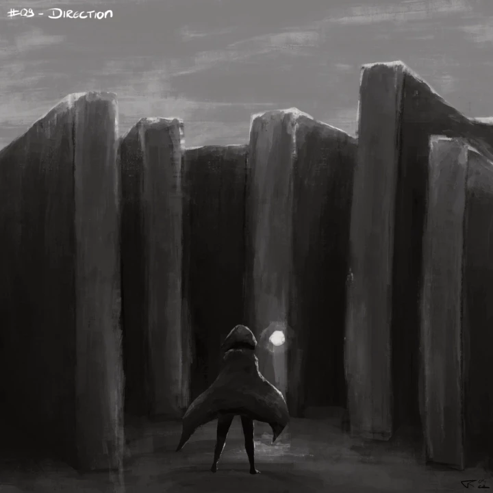 Greyscale painting of a woman wearing a cape standing in front the branching paths of a labyrinth.