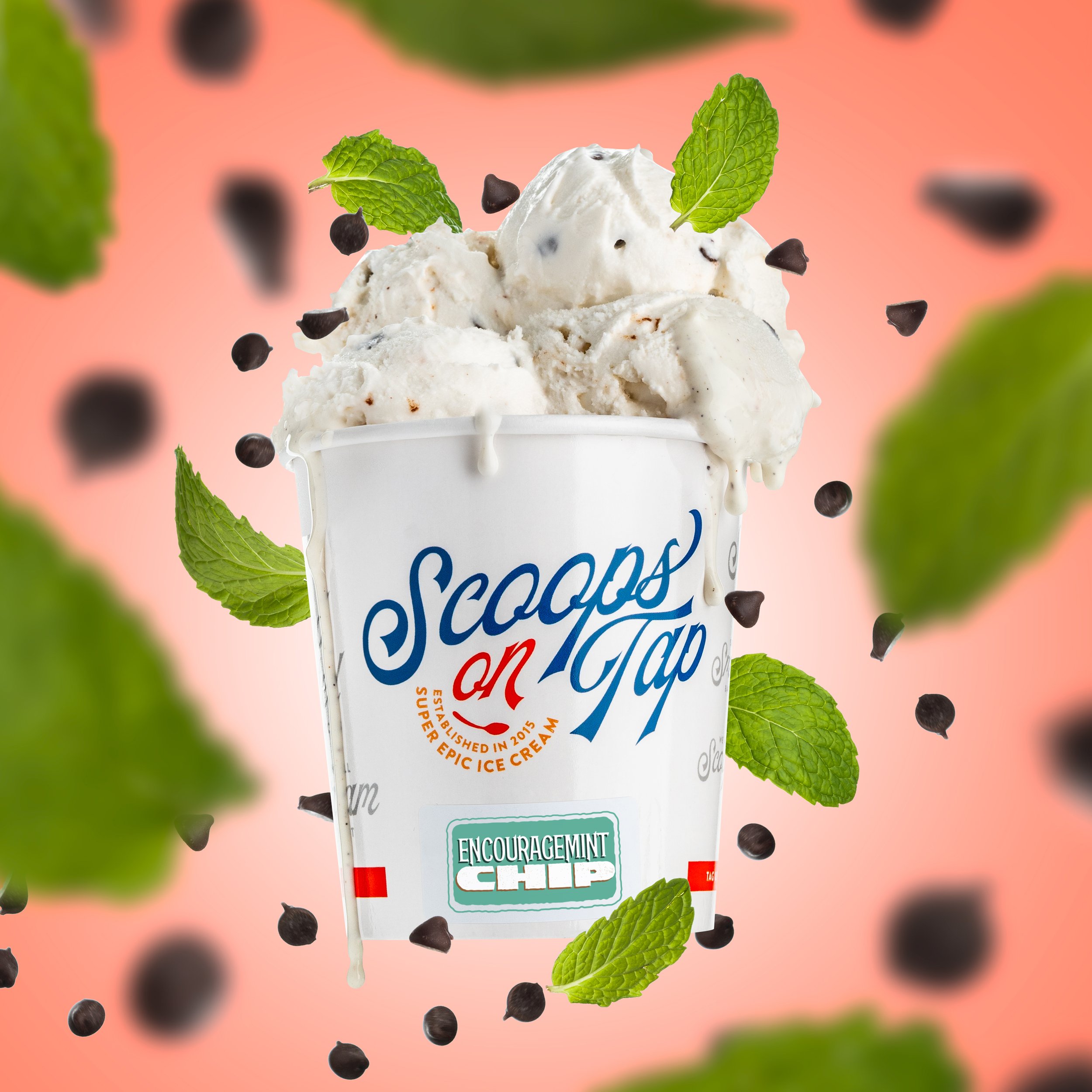 Scoops On Tap ice cream cup with mint and chocolate garnish