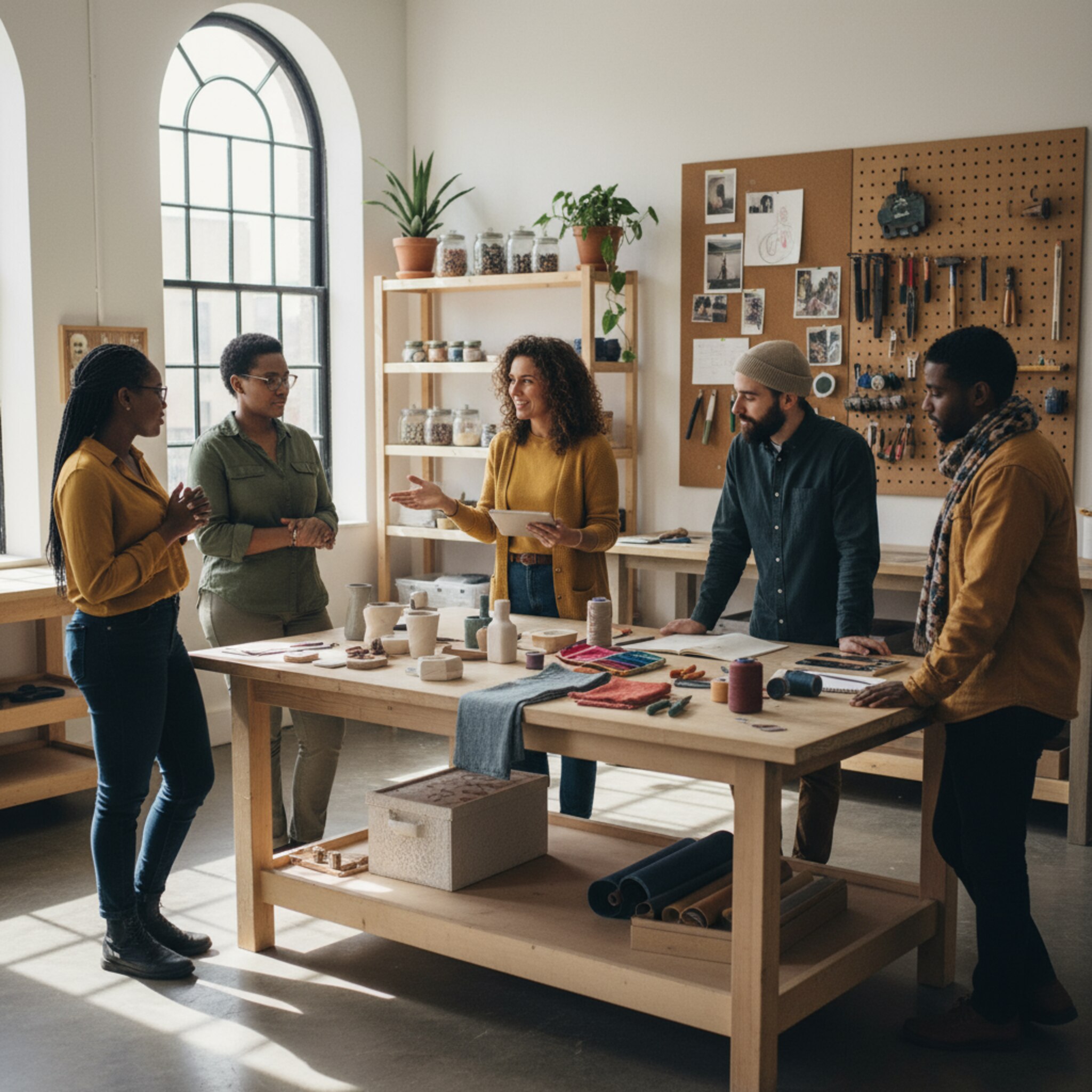Eine kleine Gruppe steht entspannt in einer hellen Werkstatt zusammen, Musterstücke liegen auf dem Tisch. Eine Person erklärt kurz den nächsten Schritt, alle nicken. Die Szene wirkt organisiert, offen und einladend, bereit für ein gemeinsames Projekt.