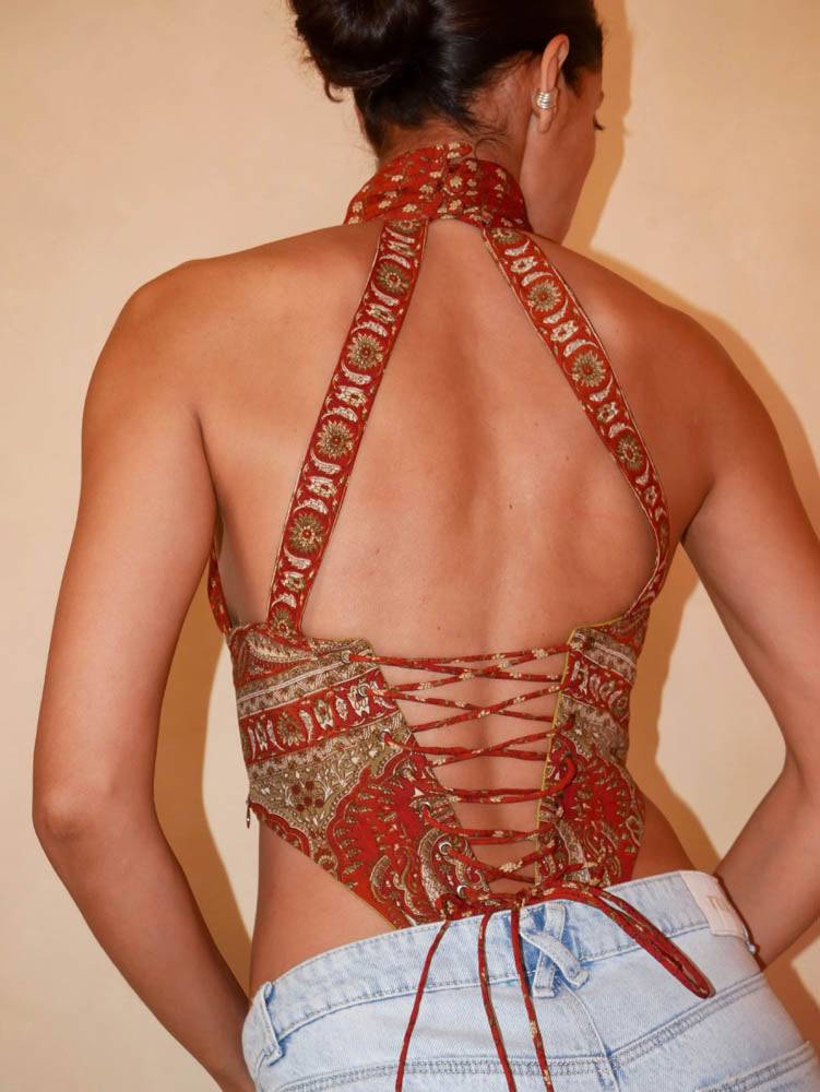 Vivienne silk tube corset handcrafted from vintage saree with halter neckline, deep V cut and choker-style collar.