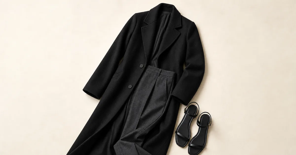 A black wool coat laid flat with two restrained supporting pieces on a warm ivory background