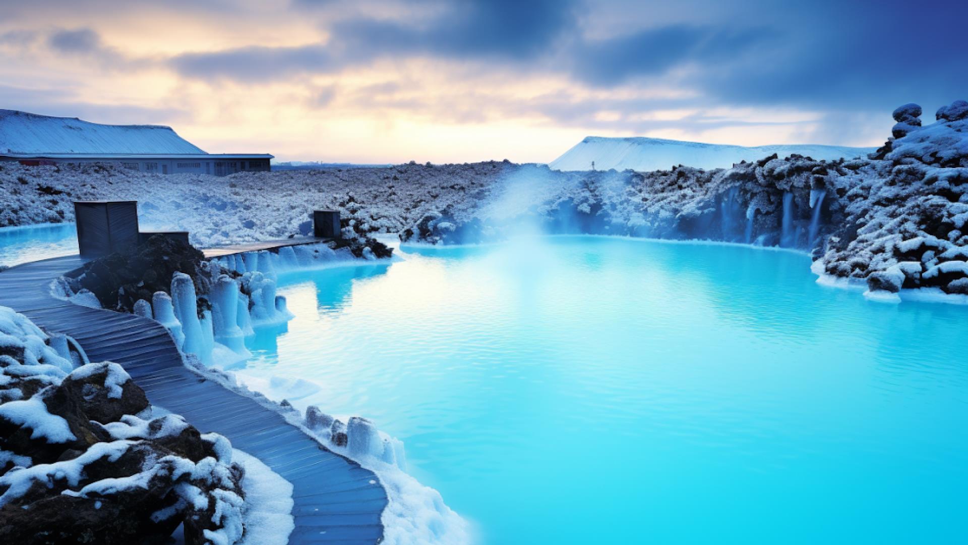 A serene geothermal pool with steaming, vivid blue water surrounded by snow-covered rocks. A wooden path leads alongside, under a dramatic cloudy sky.