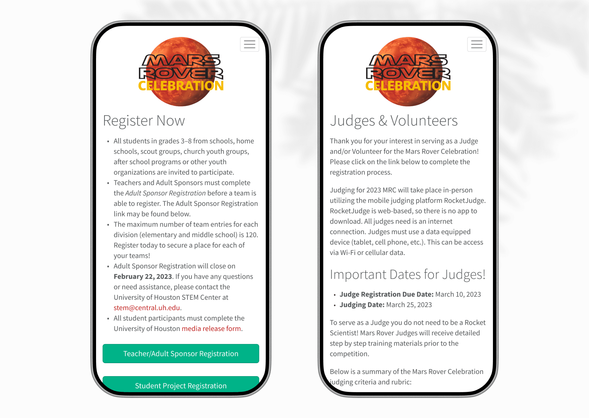 Website Register Here page (L) and Judges & Volunteers page (R) on mobile