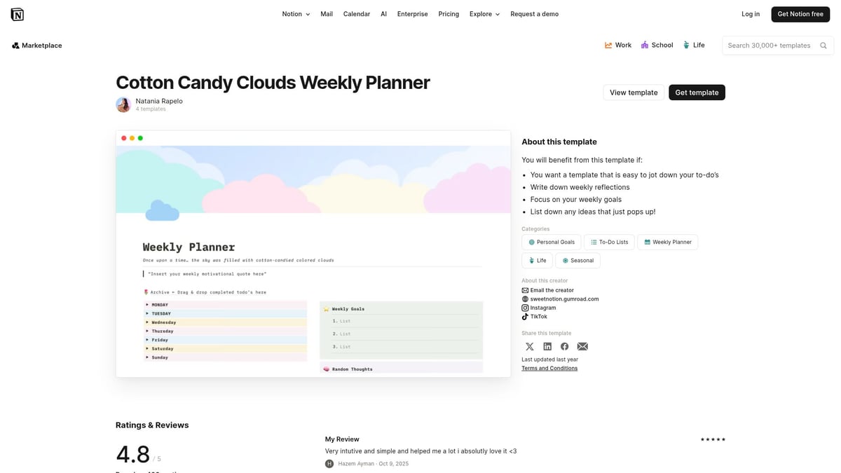 7 Best Notion Planner Templates to Organize Your 2025 - Cotton Candy Clouds Weekly Planner (Free)