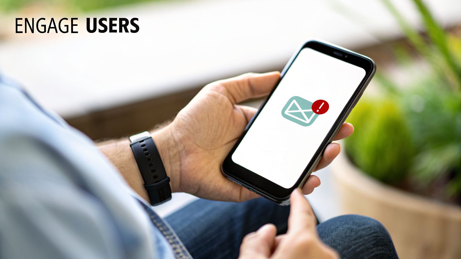 Person holds a smartphone showing an email icon with a red notification, emphasizing user engagement.
