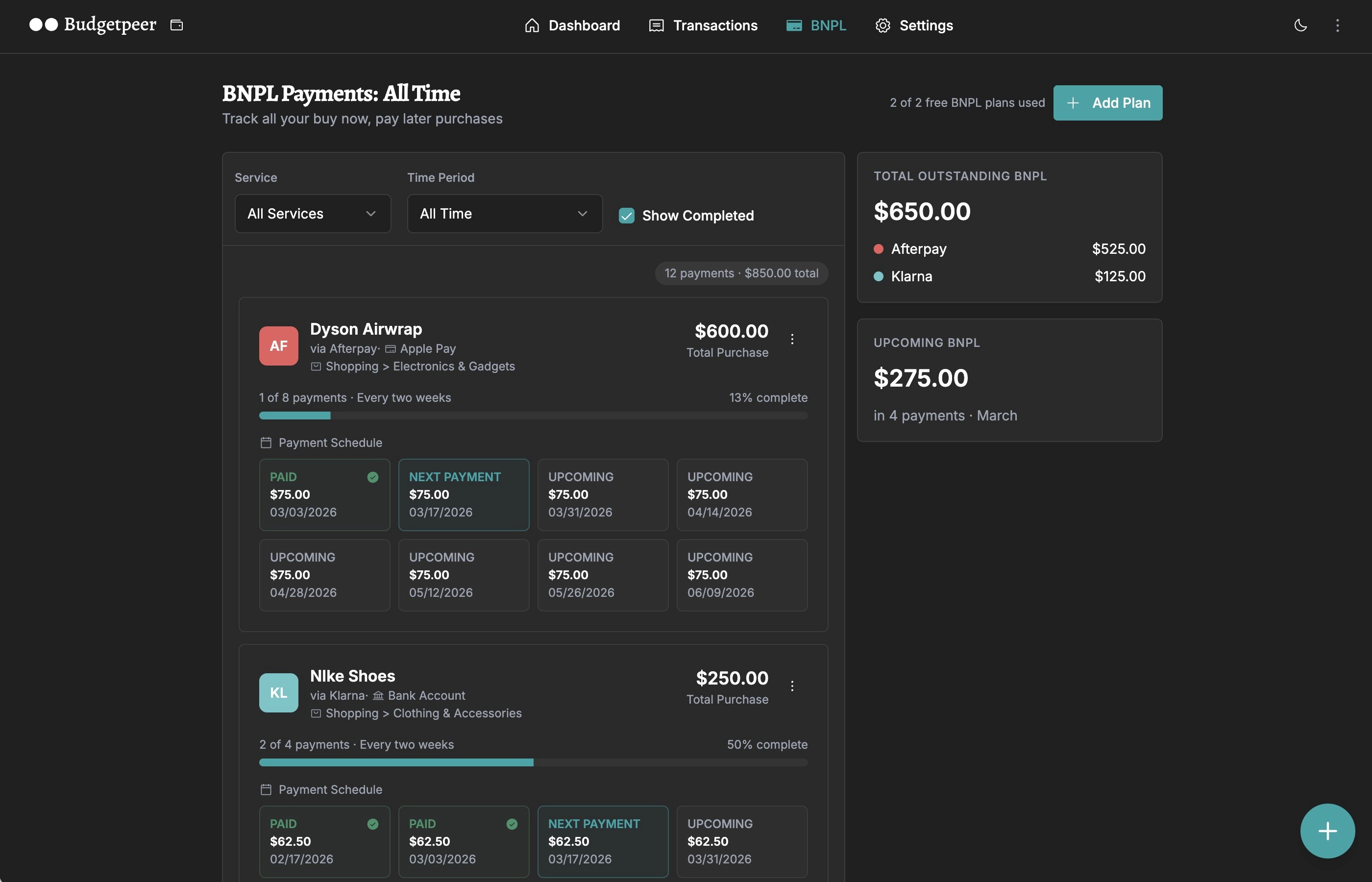 Budgetpeer BNPL page showing two active installment plans — a Dyson Airwrap via Afterpay with 8 biweekly payments of $75, and Nike Shoes via Klarna with 4 biweekly payments of $62.50. Right sidebar shows $650 total outstanding BNPL balance and $275 upcoming in March.