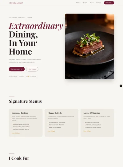 Personal chef website prompt — warm ivory and burgundy private chef catering website design preview