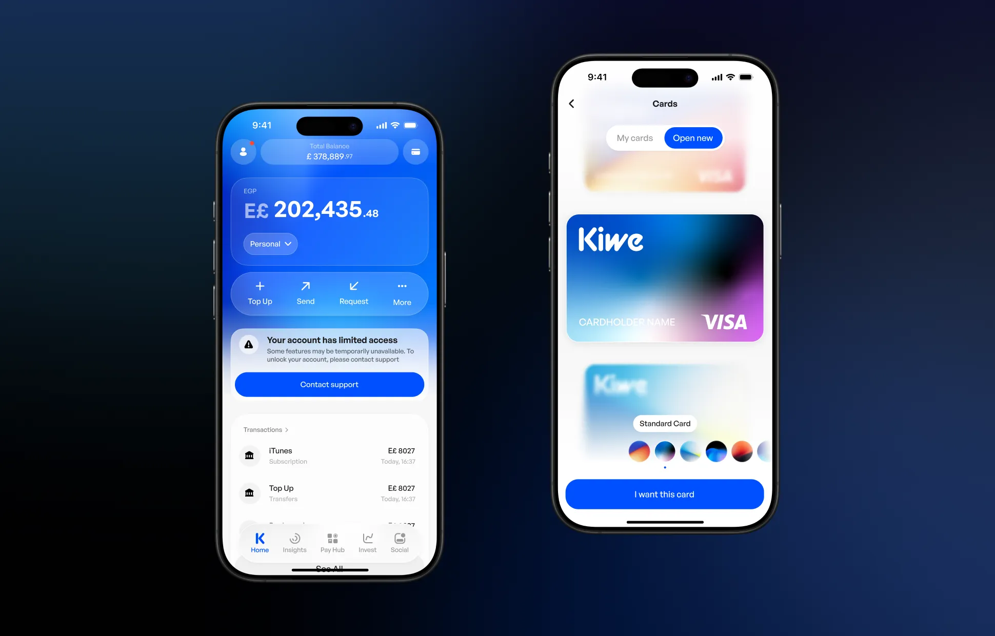 Kiwe Bank mobile app screens showing balance of EGP 202,435 and Visa card management