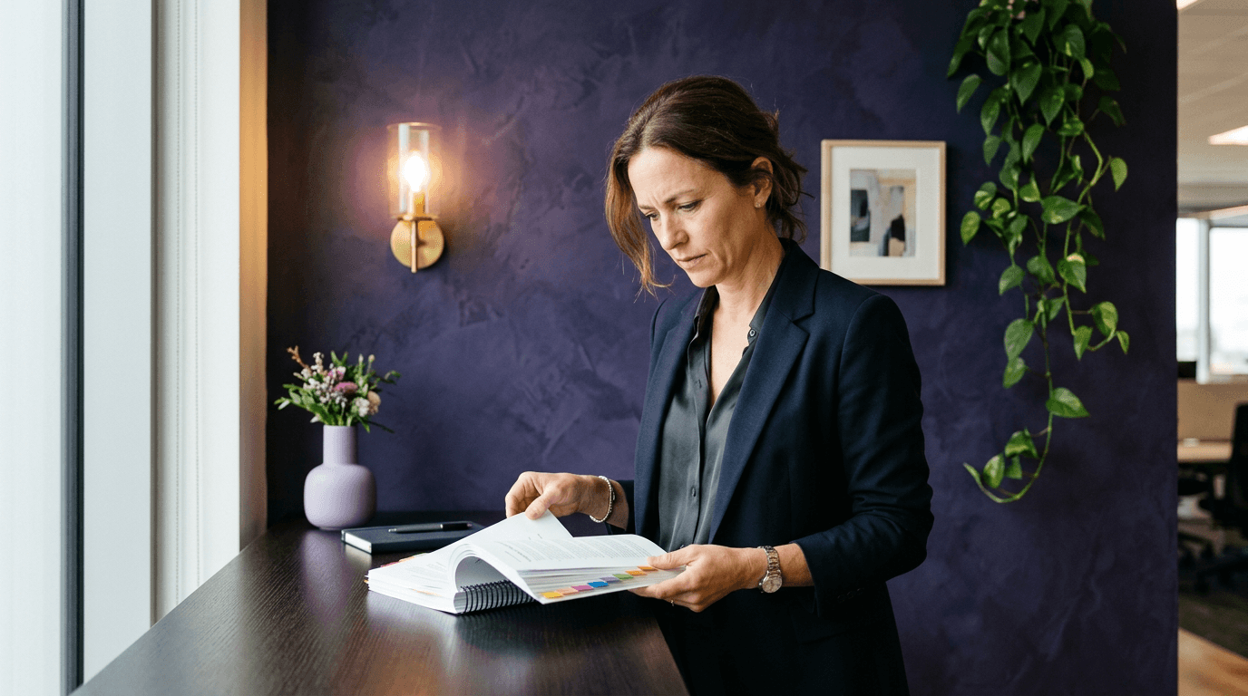 Communications executive standing at a credenza reviewing a printed media coverage report in an office nook with a deep purple feature wall