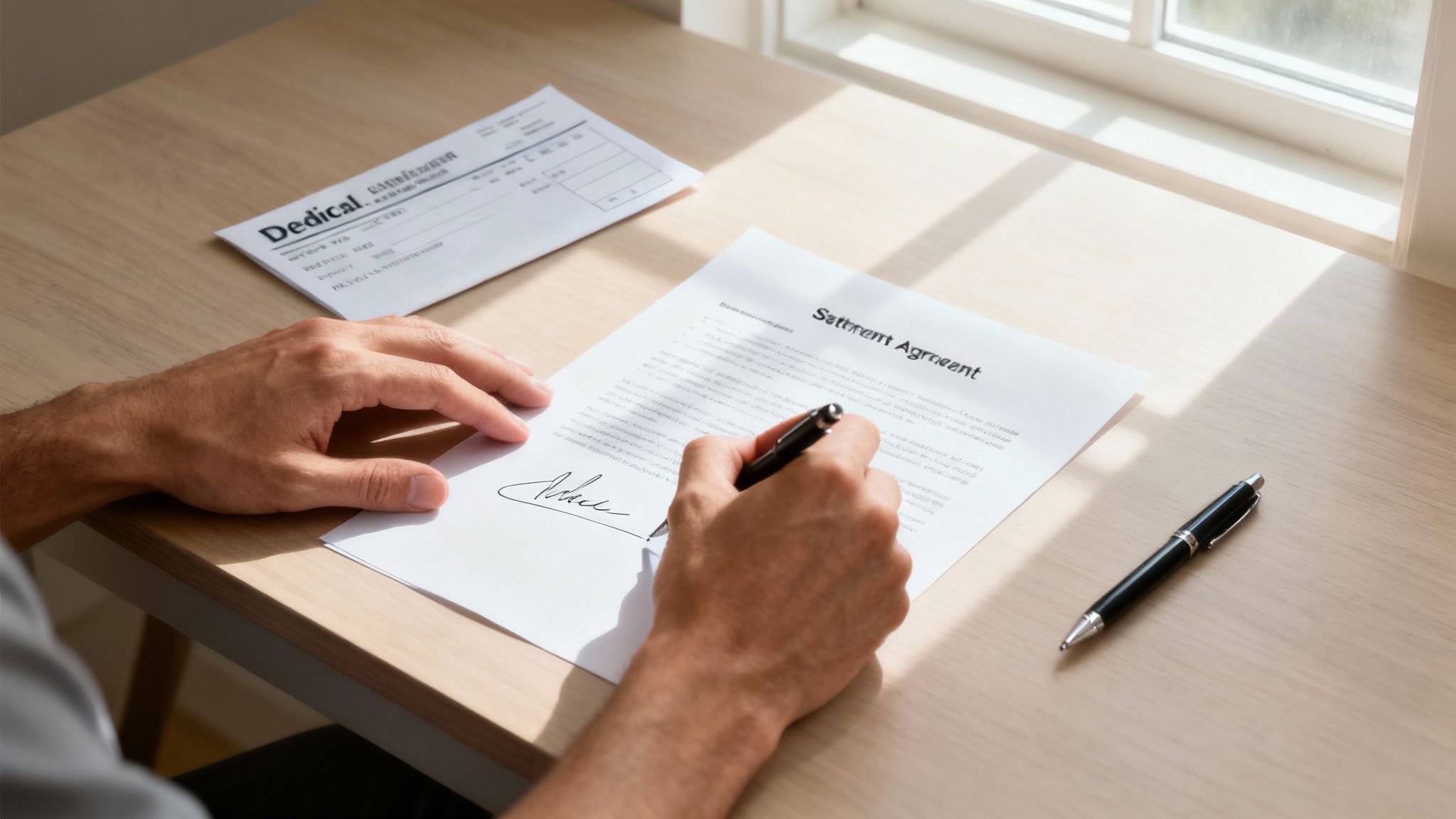 A person is seen signing a settlement agreement document on a wooden desk with a pen.