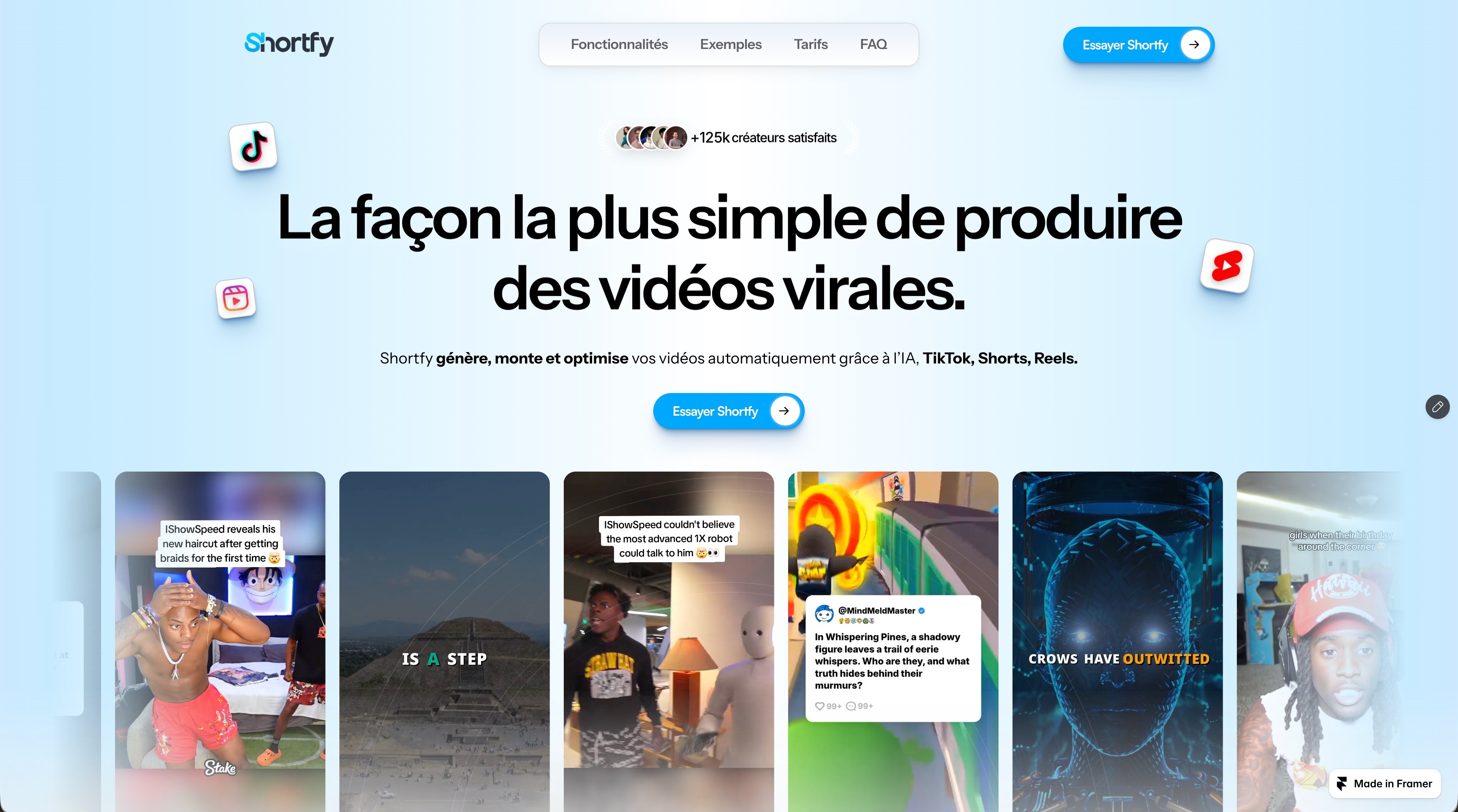Landing page de Shortfy conçue sous Framer par Clickway, avec un temps de chargement LCP de 2,1 secondes