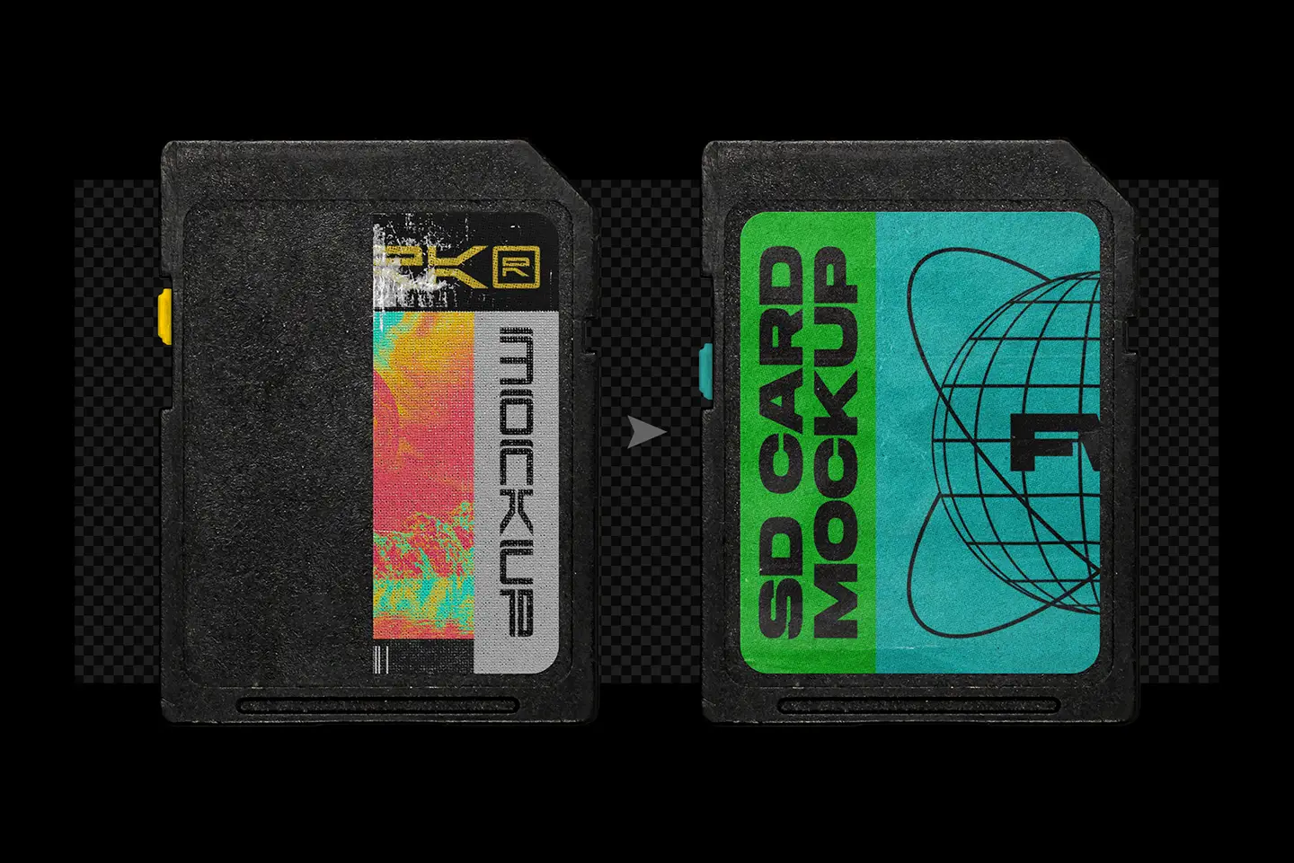 Side by side comparison of an SD Card Mockup showing authentic scratched and worn label textures
