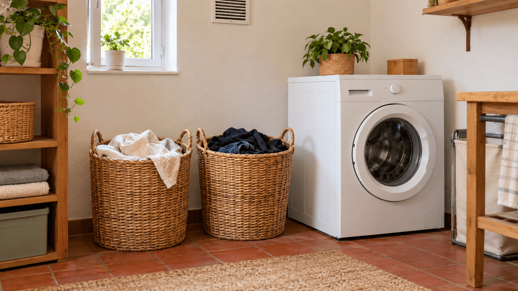 Deux paniers de linge clair et foncé réunis à côté d’un lave-linge dans une buanderie lumineuse.