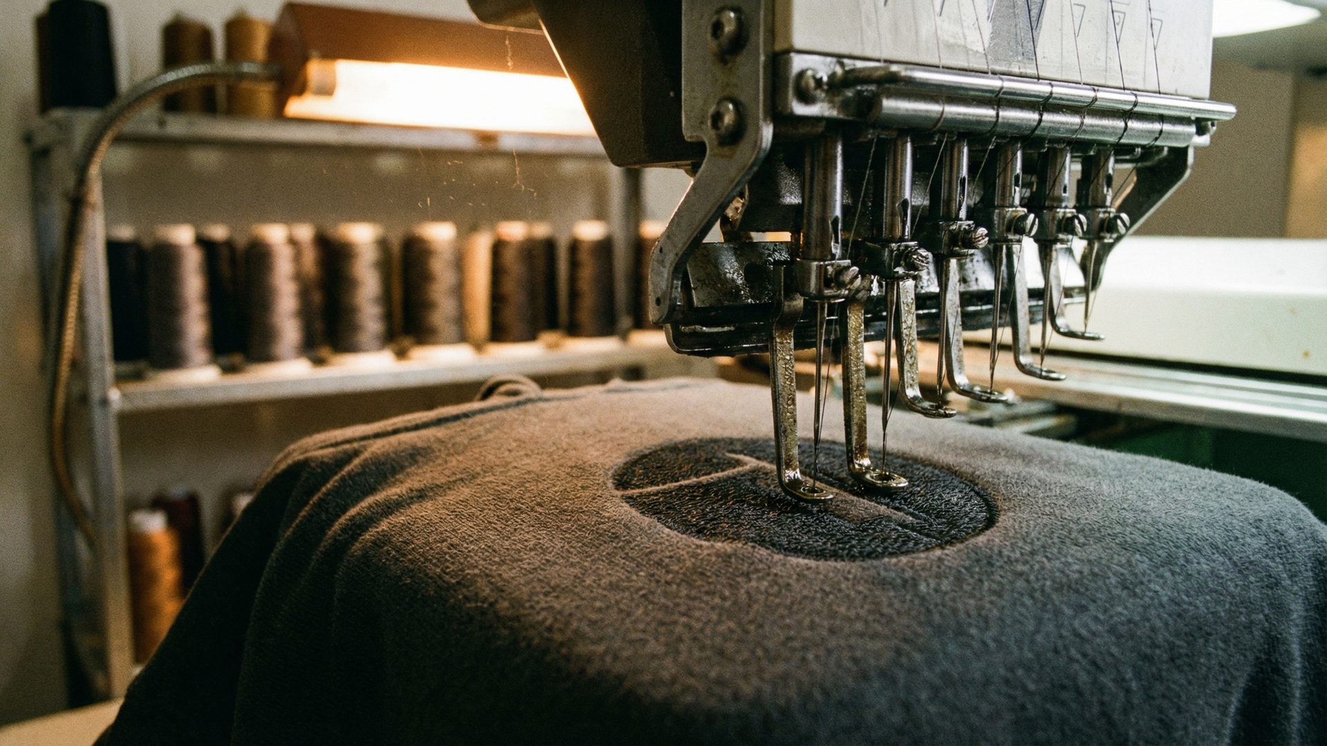 Extreme close-up of a multi-head commercial embroidery machine stitching an intricate tonal logo onto a dark charcoal heavyweight hoodie, dozens of colored thread spools visible on the rack behind it, warm amber work lamp in the background.