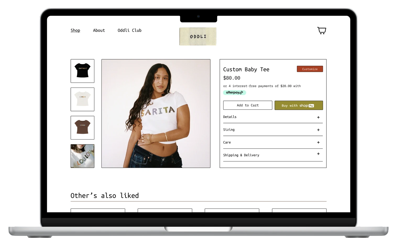 Redesigned product page with side-by-side layout showing model in tee, thumbnail gallery, and 'Other's also liked' recommendations
