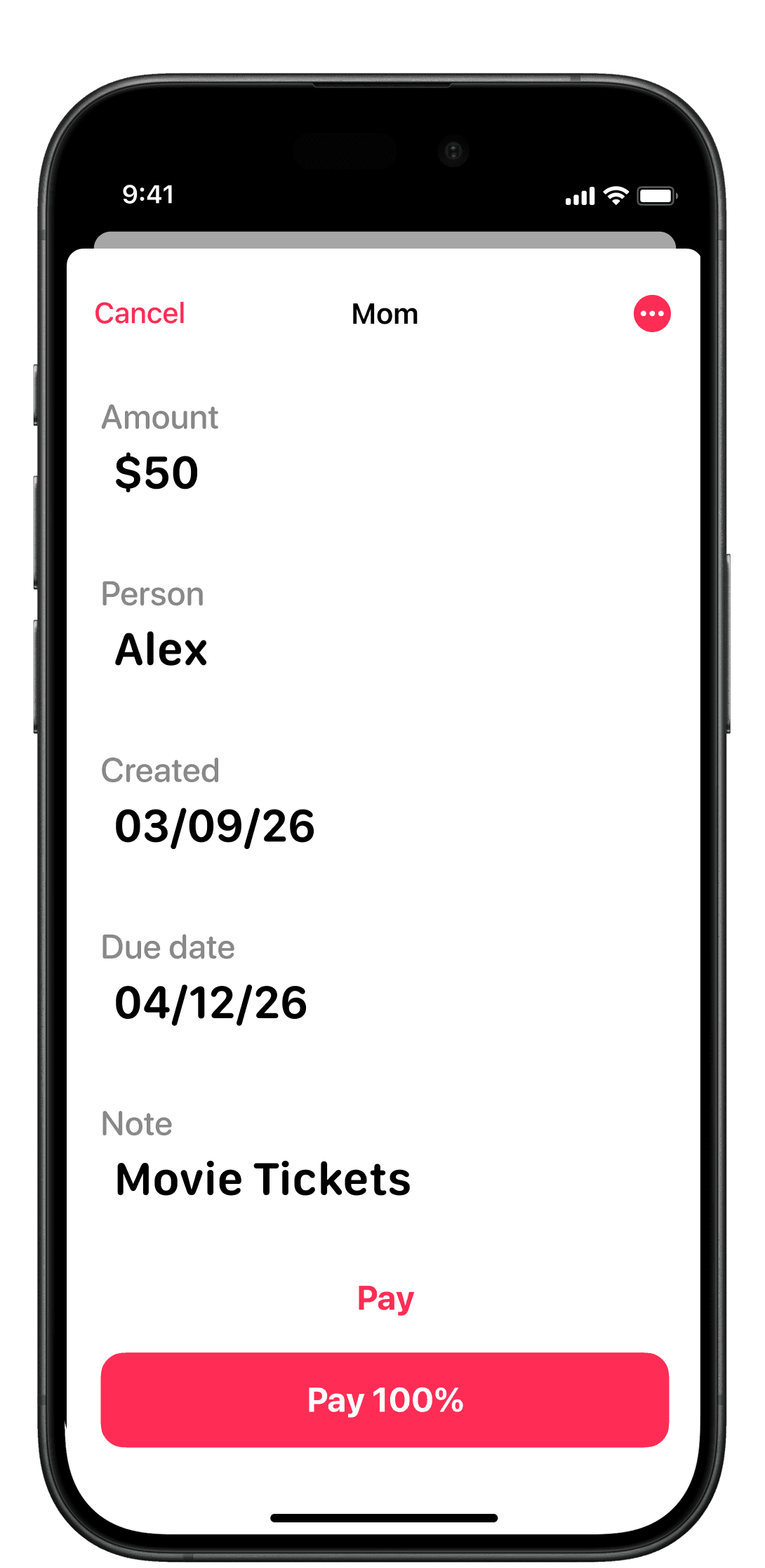 Log debts with amount, date, and person in seconds.