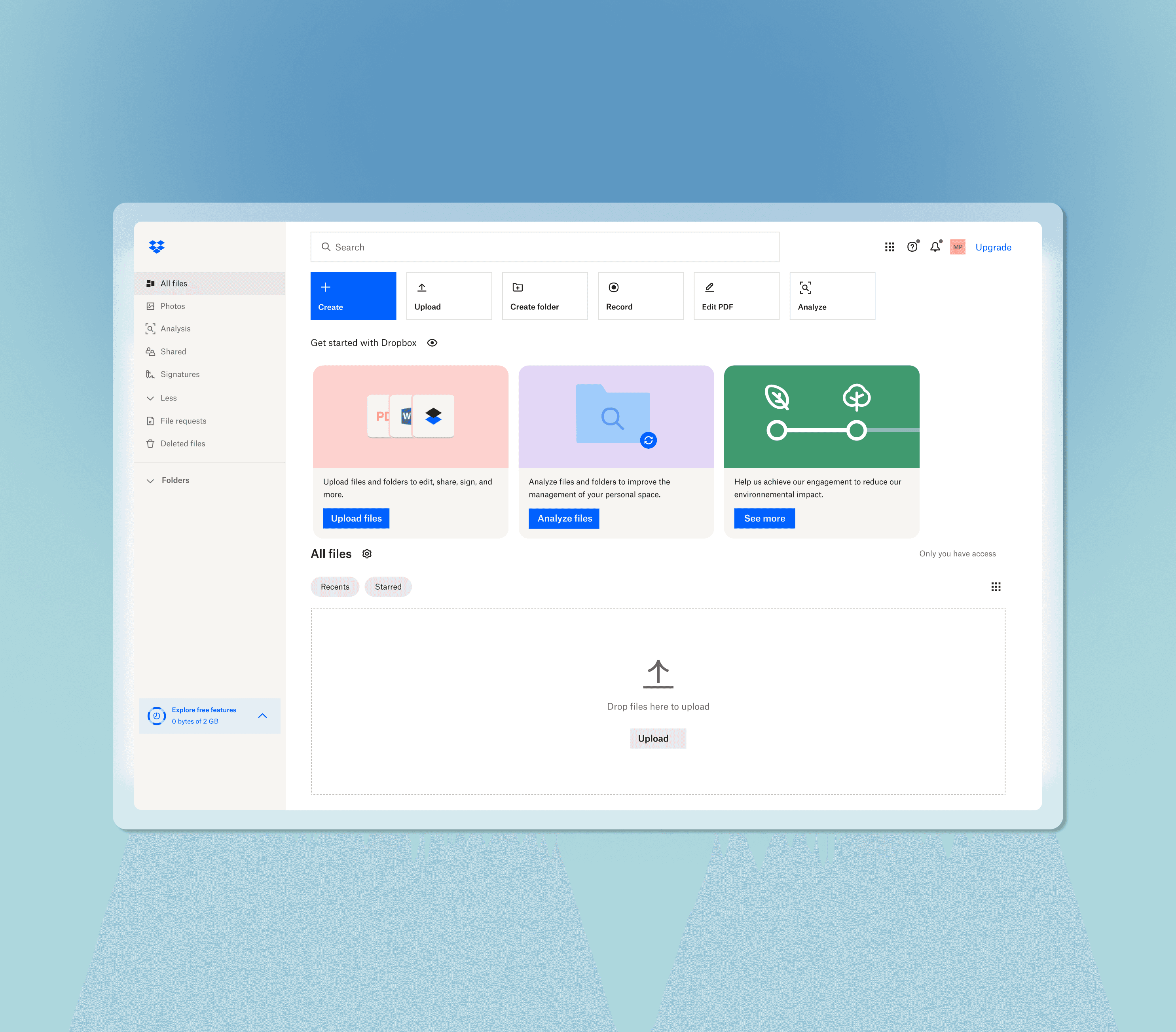 Dropbox interface on top of a blue background