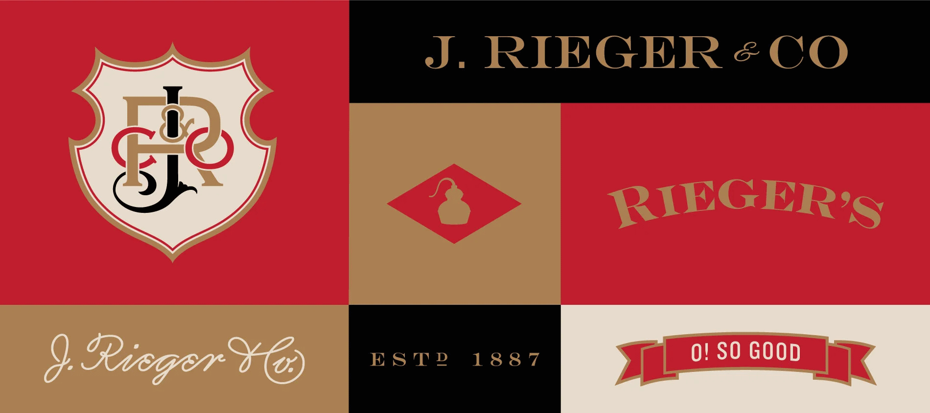WTADS client J. Reiger and Co updated brand design, logo, wordmark in red, black and gold.