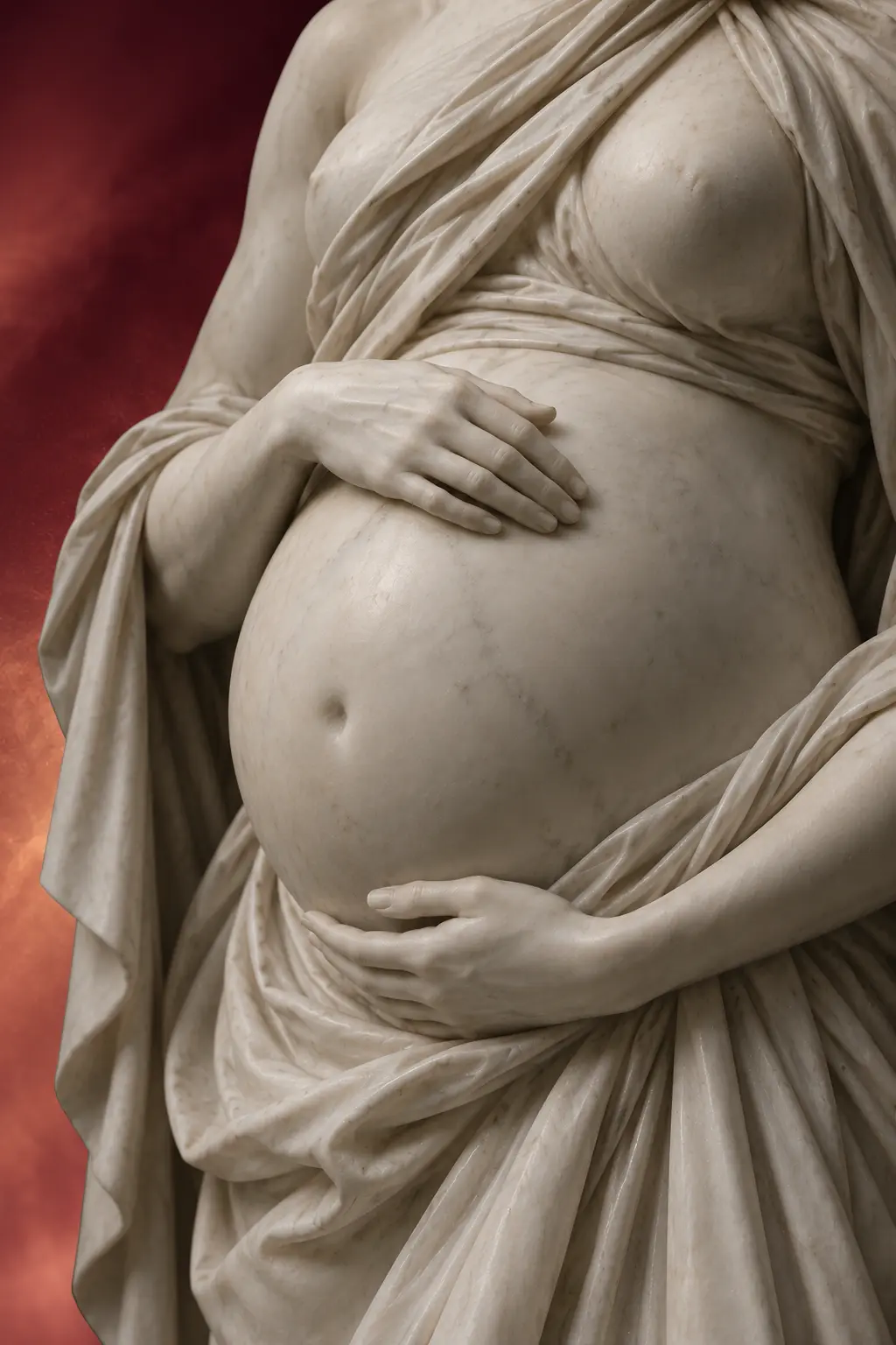 Marble sculpture of a pregnant woman cradling her belly