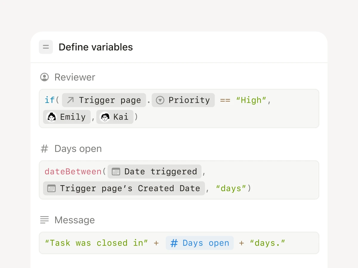 Notion's formula automation interface showing conditional logic setup. Features 'Define variables' section with if-statement checking priority status, reviewer assignment (Emily and Kai), and dateBetween calculation for task duration. Demonstrates dynamic message composition using formula variables for automated task completion tracking