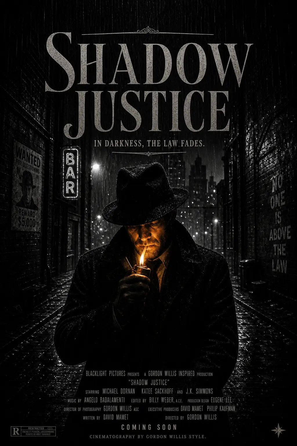 AI-generated noir crime movie poster of a shadowy detective lighting a cigarette in a rain-soaked alley at night.