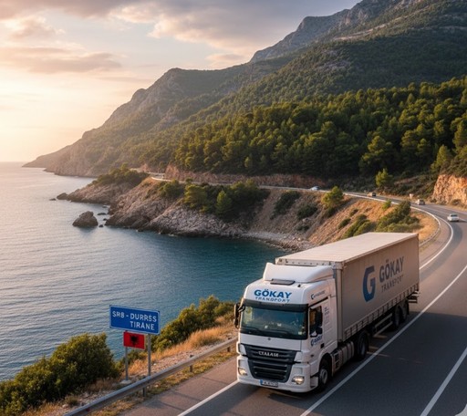 Gökay Transport'a ait beyaz bir tır, güneş batarken Arnavutluk'un kıyı şeridindeki virajlı bir yolda ilerliyor. Tırın dorsesinde "GÖKAY TRANSPORT" logosu belirgin bir şekilde görülüyor. Sahil yolu boyunca masmavi deniz ve yeşil dağlar uzanıyor. Yol kenarında "SH8 - Durrës Tiranë" yazılı Arnavutluk tabelası dikkat çekiyor. Lojistik ve uluslararası taşımacılık hizmetlerini vurgulayan dinamik bir sahne.