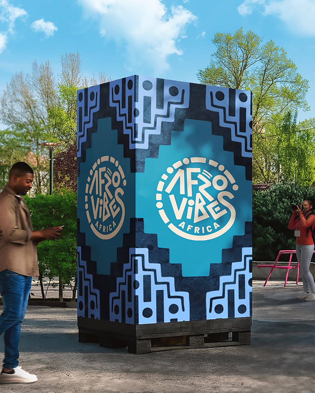 Afrovibes Africa visual identity application — logo, pattern and colour system, by MetaCraft.