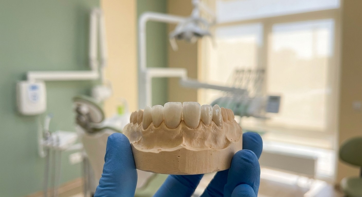 Porcelain dental veneers held in a modern dental office with warm cream and sage green tones