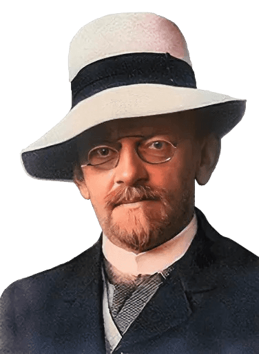 Mathematician David Hilbert is shown in this colorized portrait wearing a distinctive white hat with a black band, glasses, and a dark suit. Renowned for his contributions to mathematical foundations, Hilbert is best known for his work in formalism, algebraic number theory, and for proposing the famous "Hilbert's problems," which have influenced mathematical research for decades.