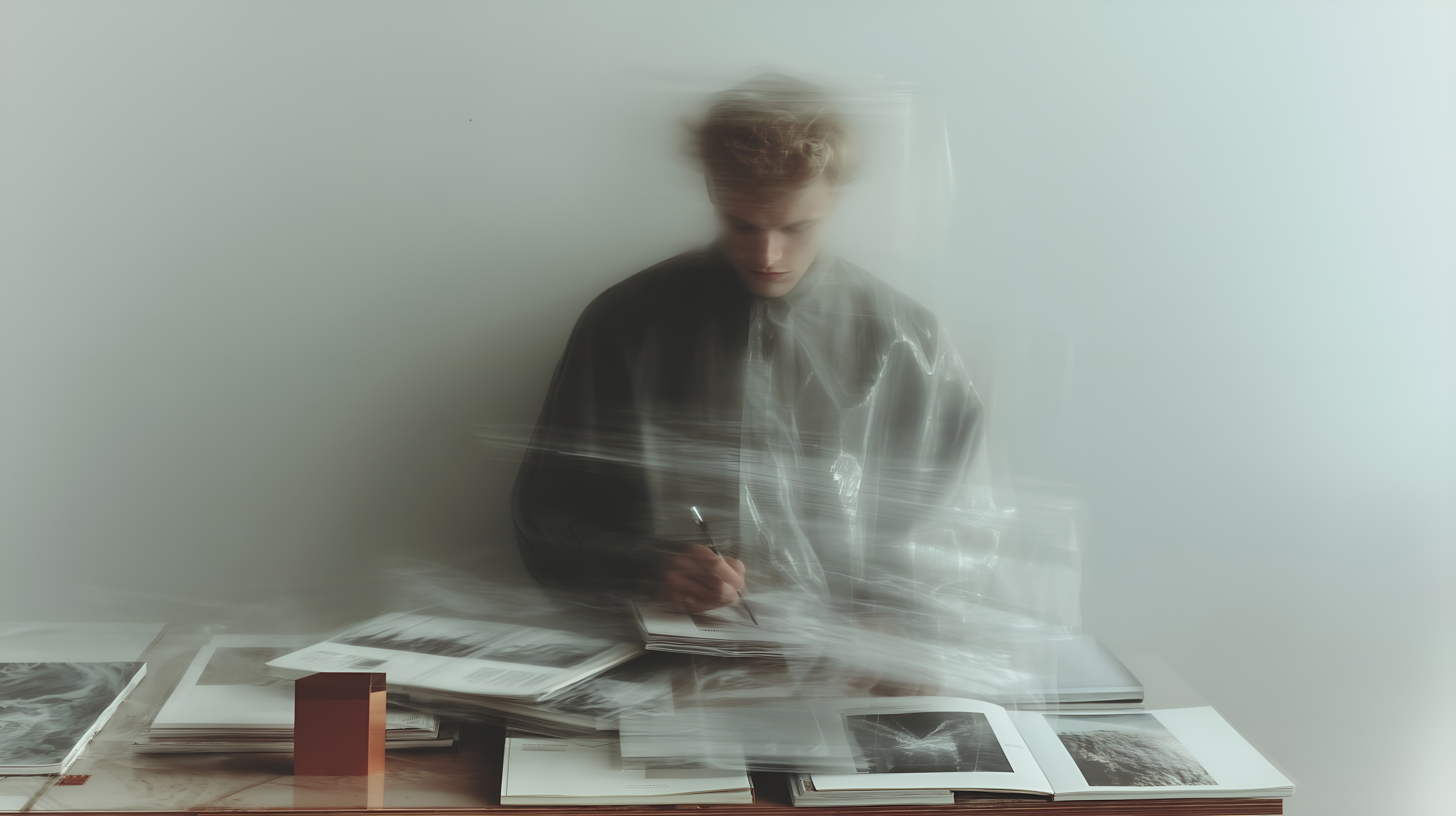 Blurred image of a person writing at a desk surrounded by books and papers, creating a dynamic and surreal atmosphere.