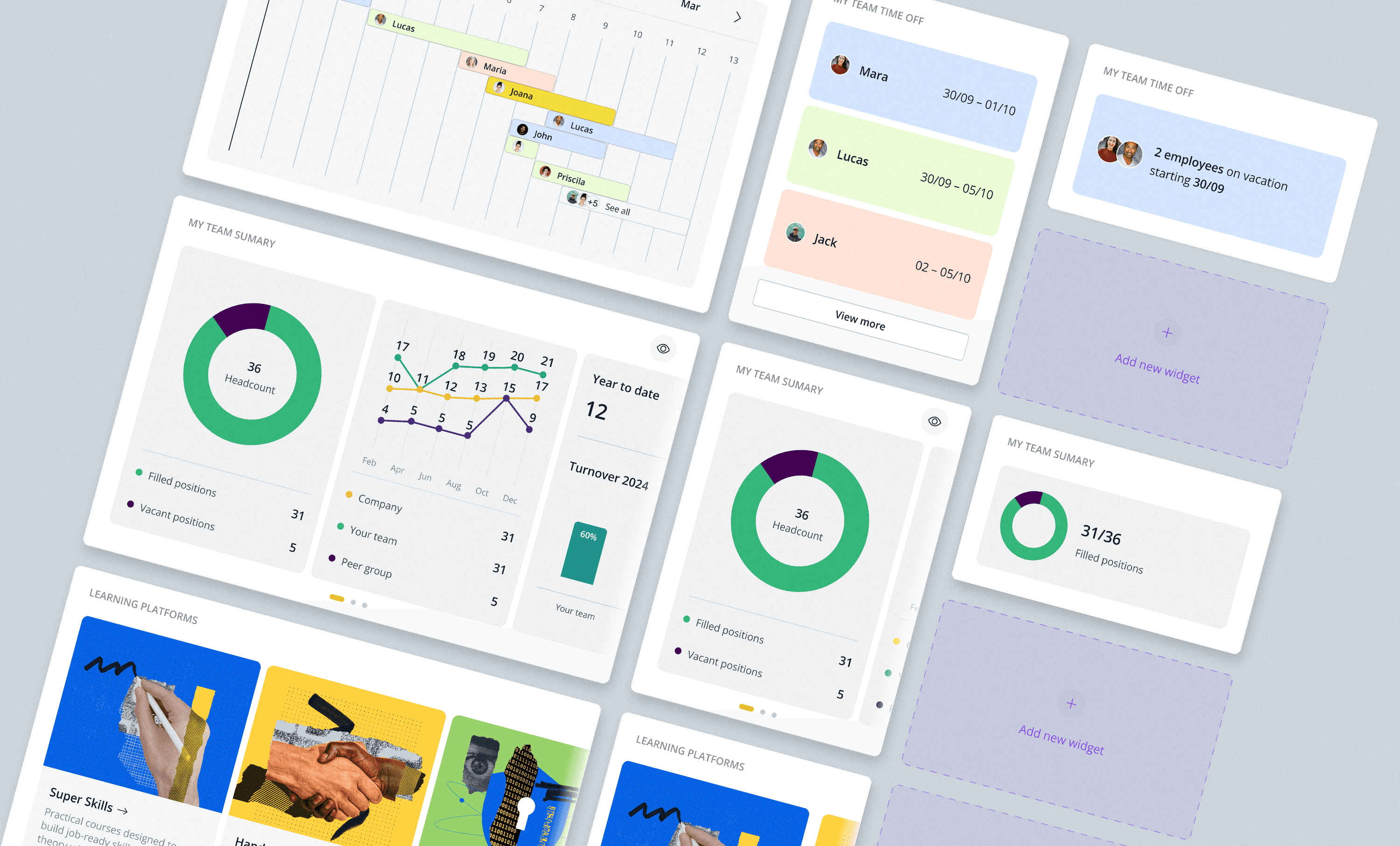 Two website interfaces on a purple background, showcasing graphs, images, and a chat feature.