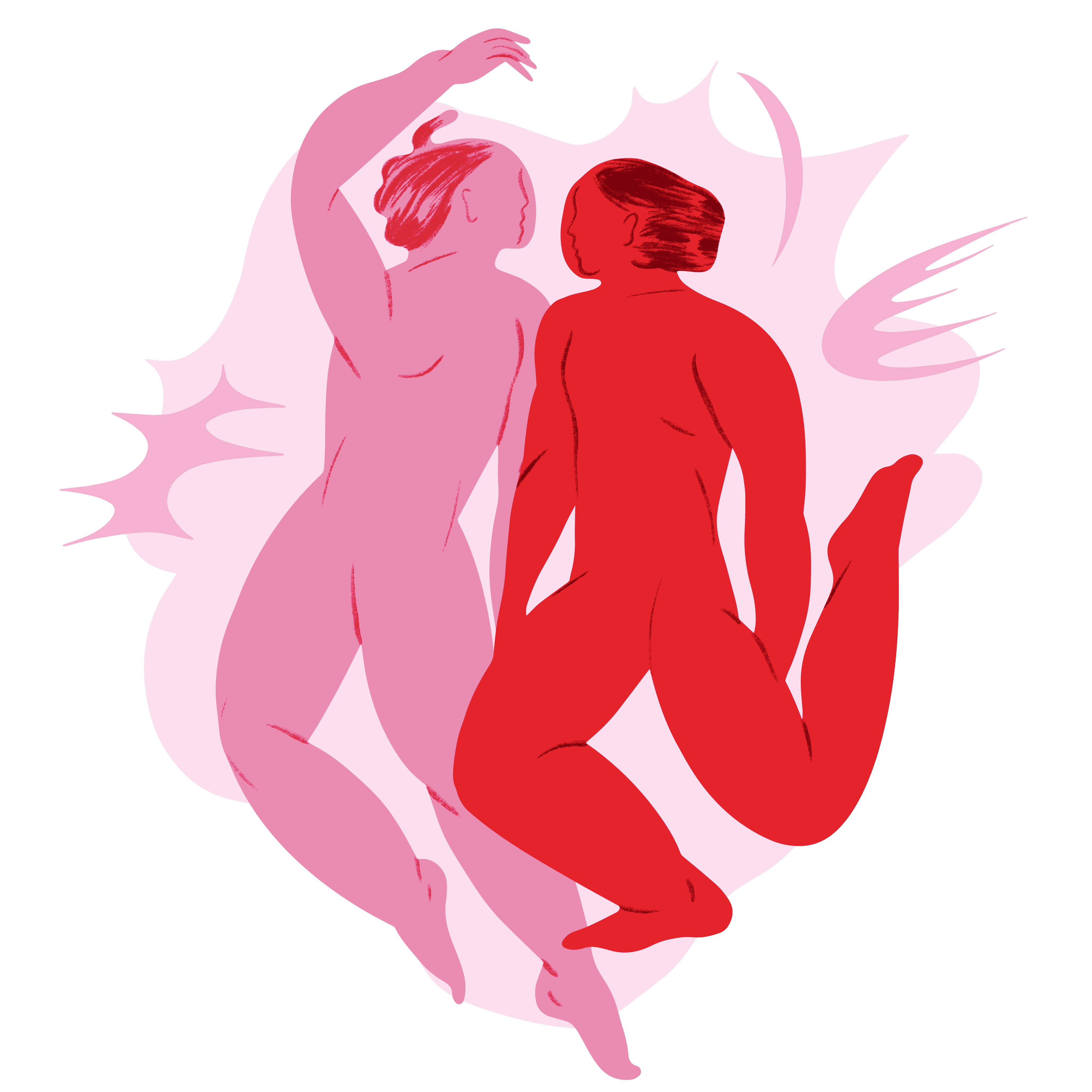 Ilustracja dwóch postaci w odcieniach różu i czerwieni, przedstawionych w dynamicznym ruchu.