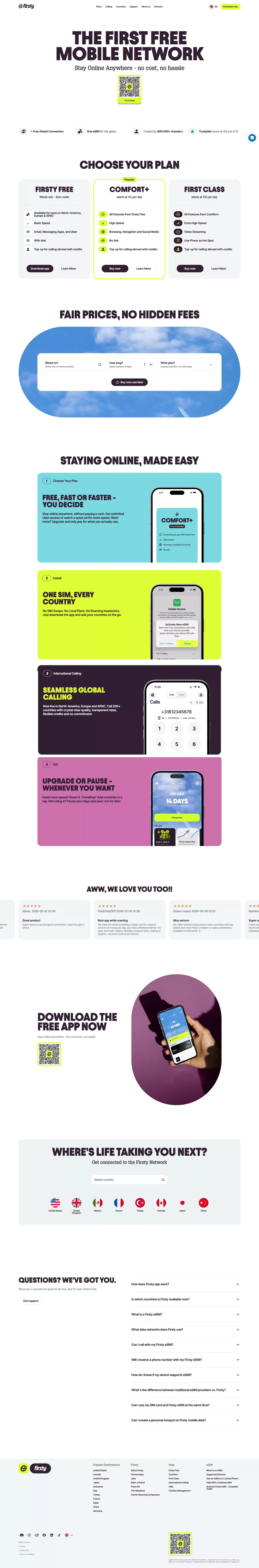 Firsty: Your international mobile data t landing page screenshot showcasing Tech design