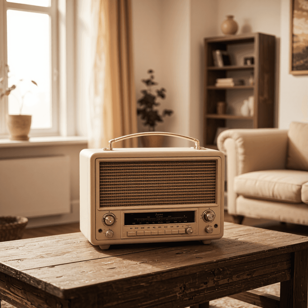 product photography of a vintage radio with a foldable design and knobs for tuning