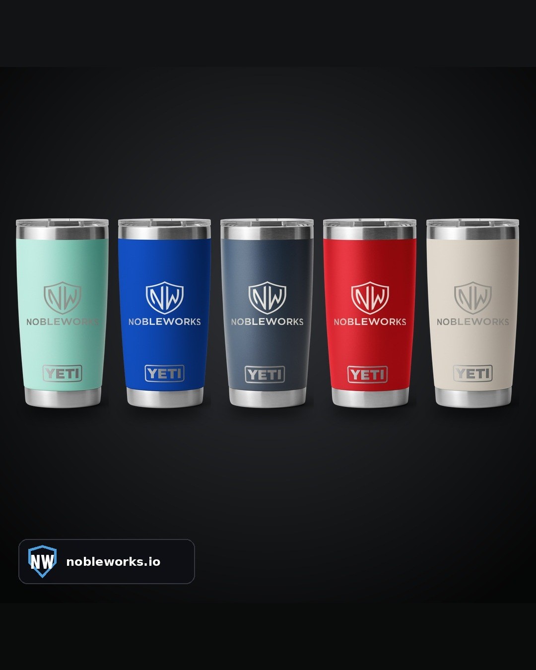NobleWorks example: five 20 oz YETI Rambler tumblers in seafoam, blue, navy, red and tan, each engraved with the NobleWorks logo