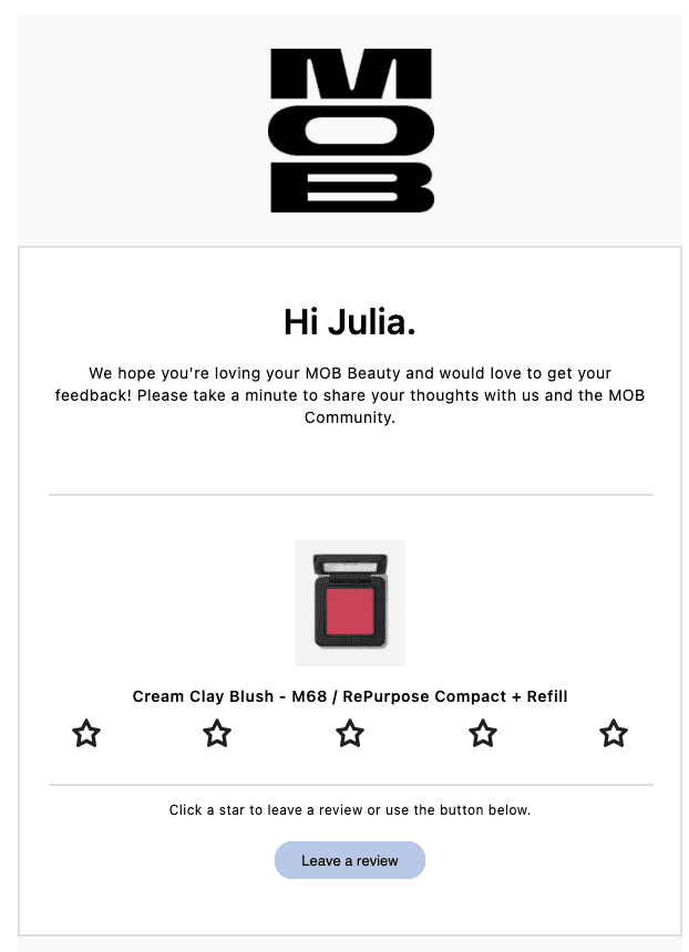 MOB Beauty review request email using Junip template