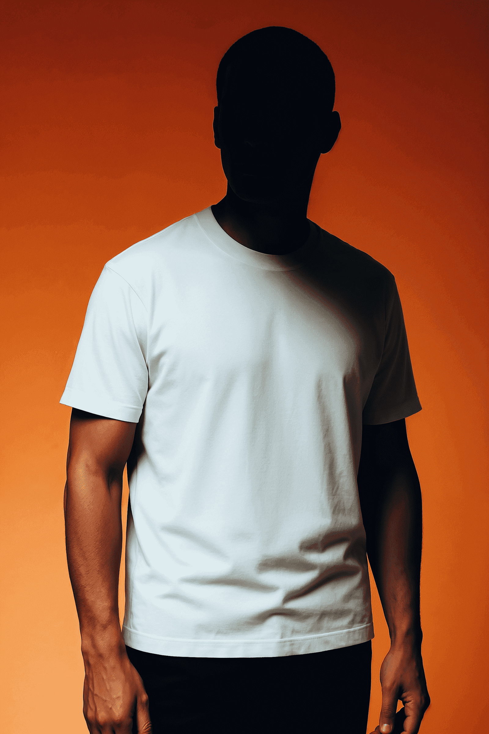 Person wearing white cap raising a glowing object above their head against orange background