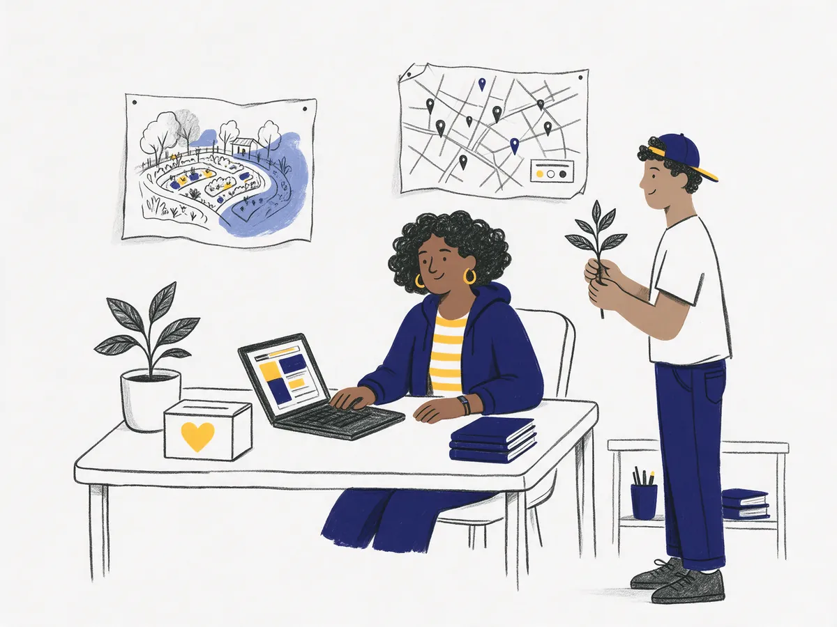 Ilustração de uma coordenadora que trabalha no notebook numa mesa, com um voluntário segurando uma muda ao lado